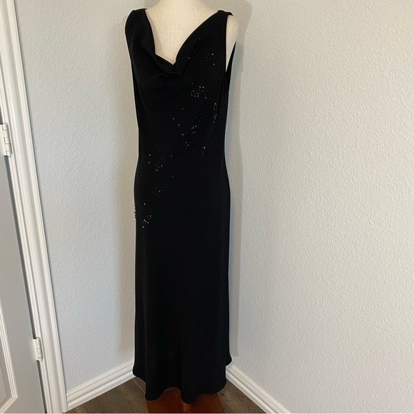 SL FASHIONS Metal Crystal Accents Black Maxi Dress Shift Style Cowl Neck Size 12 - Picture 1 of 12